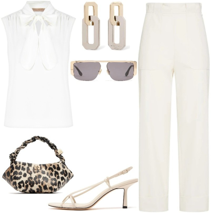 Outfit donna - Pantaloni cropped Max Mara. Stile Casual chic per Ufficio. Abbinamento con top, orecchini, borse a mano, sandali in pelle, occhiali da sole, pantaloni.