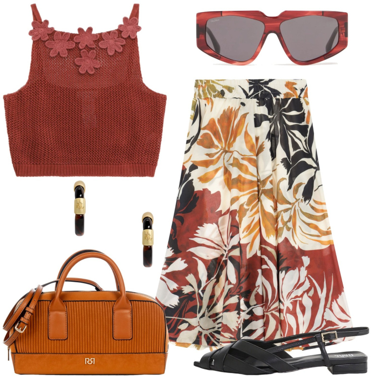 Outfit donna - Gonna d\'estate. Stile Casual chic per Tutti i giorni. Abbinamento con borse a mano, gonne longuette, sandali, top, orecchini, occhiali da sole.