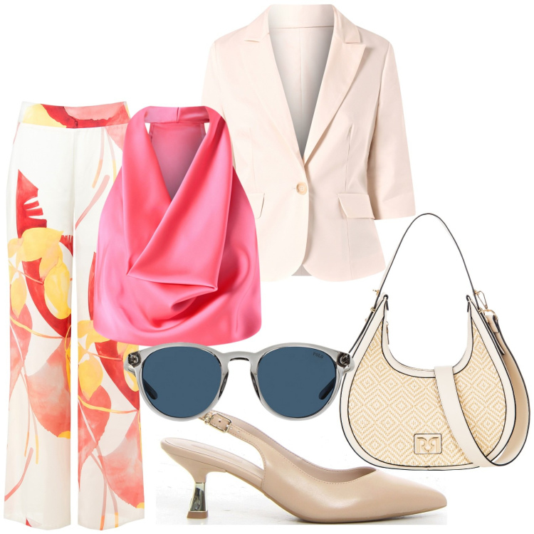 Outfit donna - Allegria. Stile Minimal per Ufficio. Abbinamento con pantaloni, top, blazer, borse a mano, occhiali da sole, décolleté.