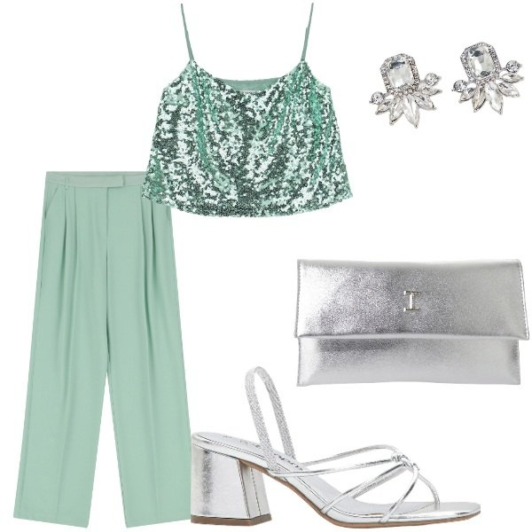 Outfit donna - Matrimonio in vista. Stile Glamour per Cerimonia. Abbinamento con sandali col tacco, top, pantaloni, pochette, orecchini.