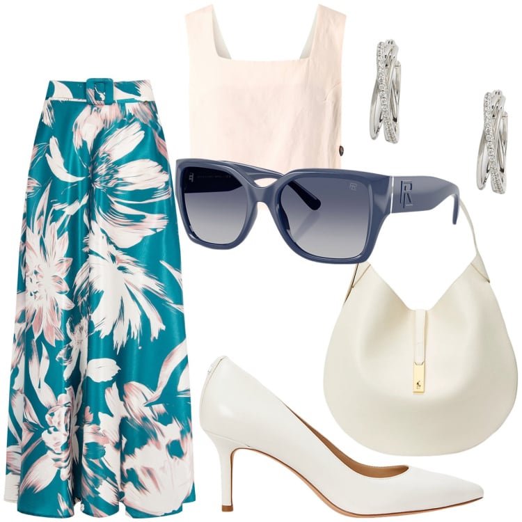 Outfit donna - Elegantemente. Stile Bon Ton per Cerimonia. Abbinamento con gonne, top, borse a spalla, occhiali da sole, décolleté, orecchini.