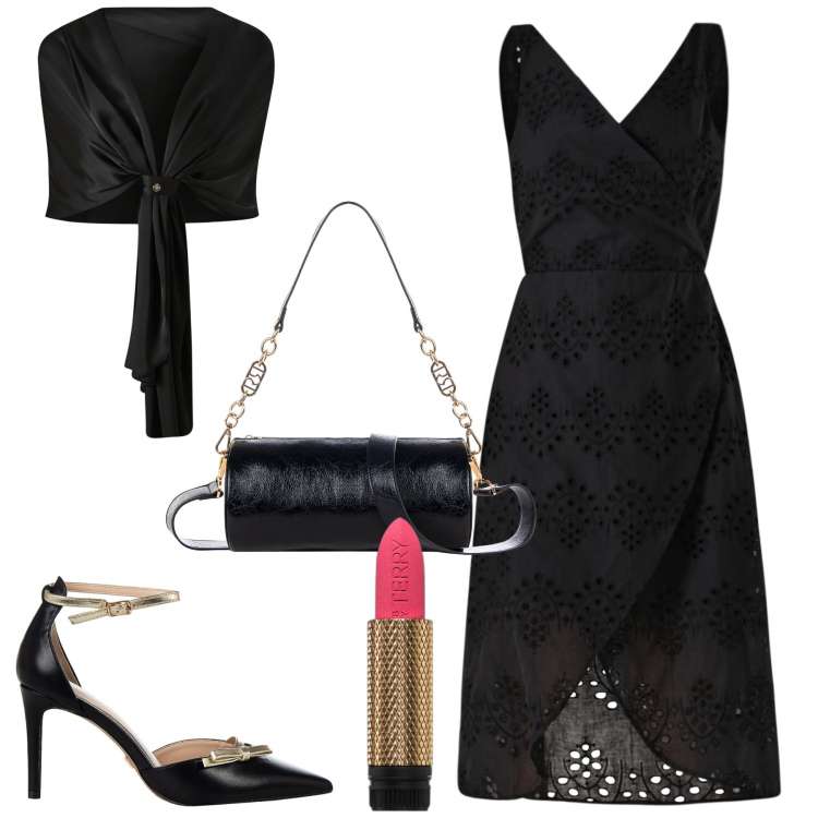 Outfit donna - Black style. Stile Chic per Cerimonia. Abbinamento con rossetti, décolleté, scialli, vestiti a tubino, borse a mano.