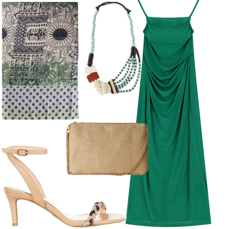 Outfit donna - Total look #2209604. Stile Bon Ton per Serata fuori. Abbinamento con borse a tracolla, sandali in pelle, vestiti lunghi, stole, collane.