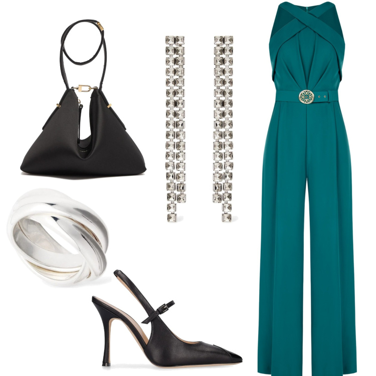 Outfit donna - Un\' occasione speciale. Stile Chic per Cerimonia. Abbinamento con tute, orecchini, anelli, décolleté, pochette.