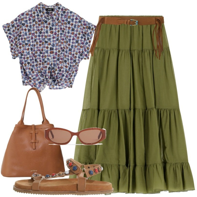 Outfit donna - Boho style. Stile Boho per Tutti i giorni. Abbinamento con borse tote, sandali, camicie a manica corta, gonne lunghe, cinture, occhiali da sole.