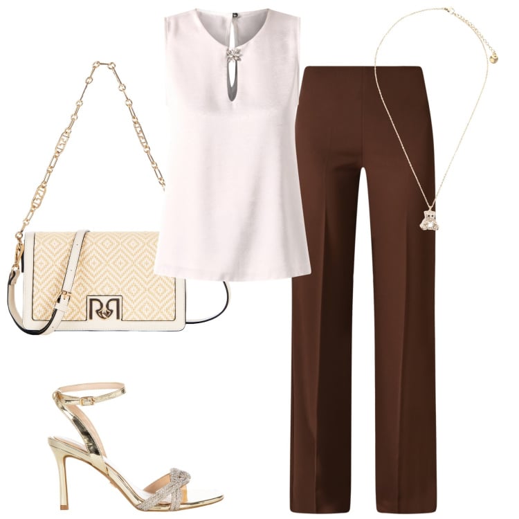 Outfit donna - Colazione in città. Stile Casual chic per Tutti i giorni. Abbinamento con pantaloni a palazzo, top, sandali col tacco, borse a tracolla, ciondoli.