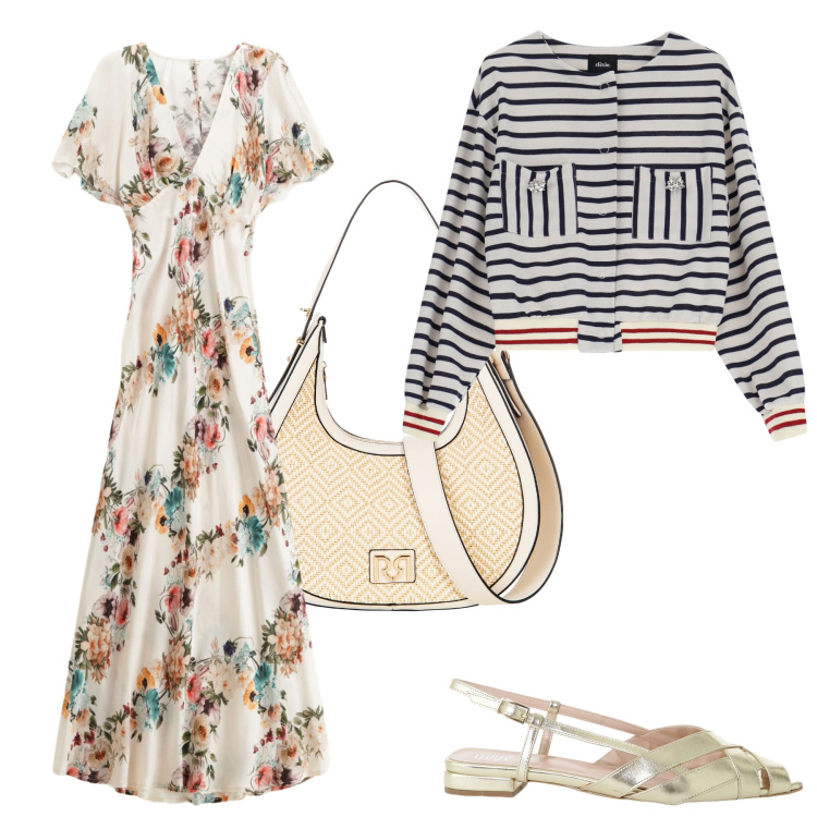 Outfit donna - Fiori e righe. Stile Casual chic per Tutti i giorni. Abbinamento con borse a mano, vestiti lunghi, blazer, sandali.