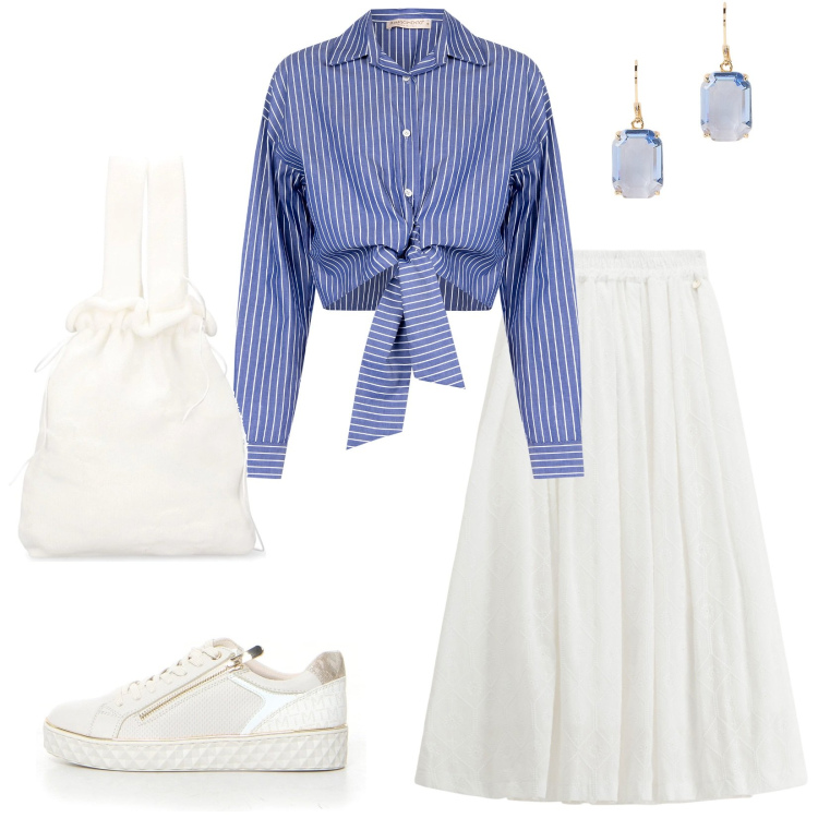 Outfit donna - Una gonna per luglio. Stile Bon Ton per Tutti i giorni. Abbinamento con camicie, gonne lunghe, orecchini, borse a mano, sneakers.