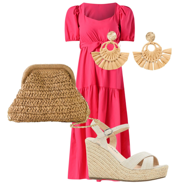 Outfit donna - Passeggiata nel budello. Stile Glamour per Mare. Abbinamento con sandali, orecchini, borse a tracolla, vestiti lunghi.