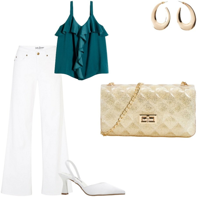 Outfit donna - Color ottanio. Stile Casual chic per Serata fuori. Abbinamento con jeans, top, orecchini, décolleté, borse a tracolla.