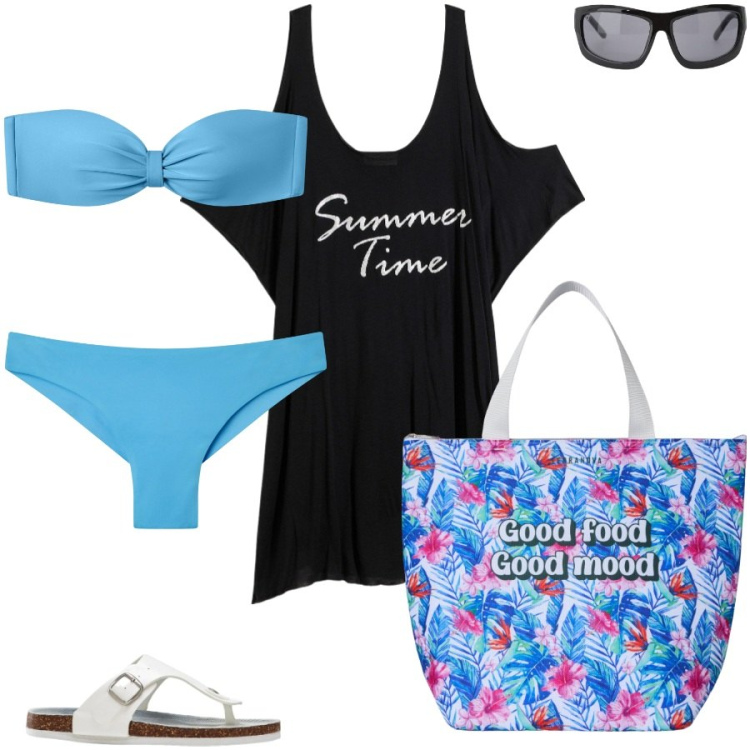 Outfit donna - Relax for me. Stile Casual per Mare. Abbinamento con vestiti da spiaggia, infradito, bikini, bikini, borse tote, occhiali da sole.