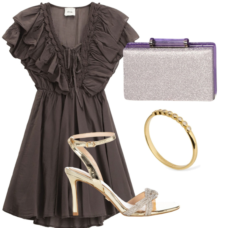Outfit donna - Aperitivo. Stile Chic per Serata fuori. Abbinamento con vestiti corti, sandali col tacco, pochette, anelli.
