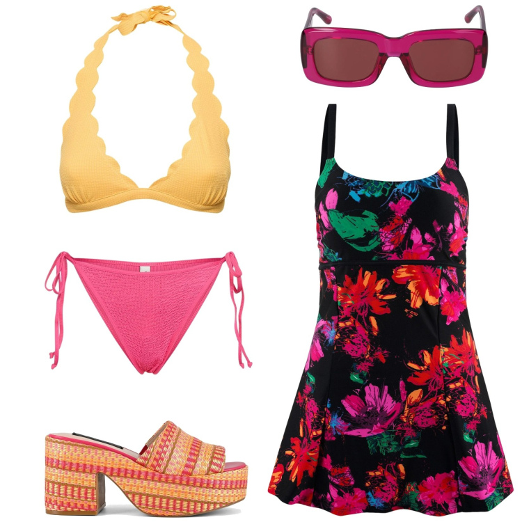 Outfit donna - Summer explosion. Stile Glamour per Mare. Abbinamento con vestiti da spiaggia, zeppe, occhiali da sole, bikini, bikini.