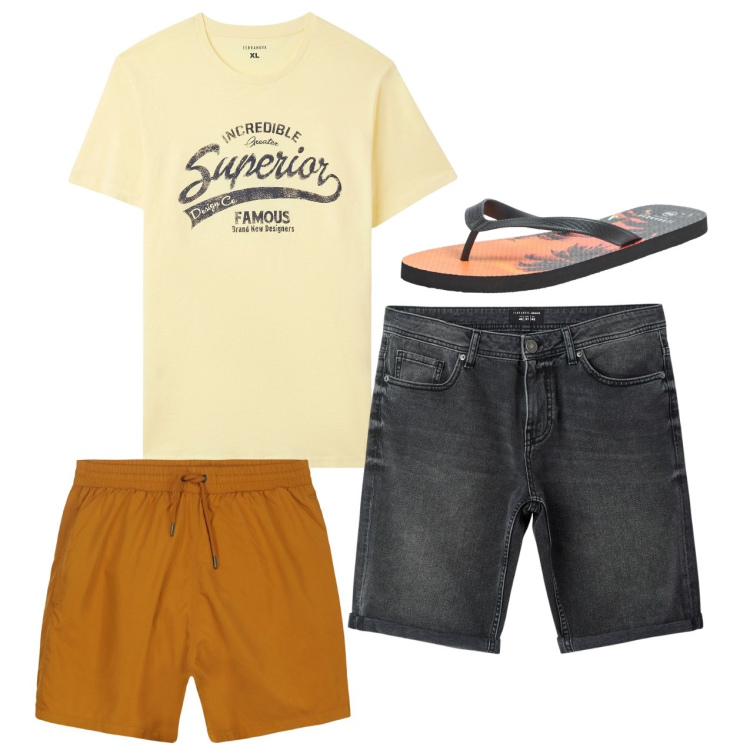 Outfit uomo - Ocra e grigio. Stile Casual per Mare. Abbinamento con sandali, t-shirt, bermuda, costumi.