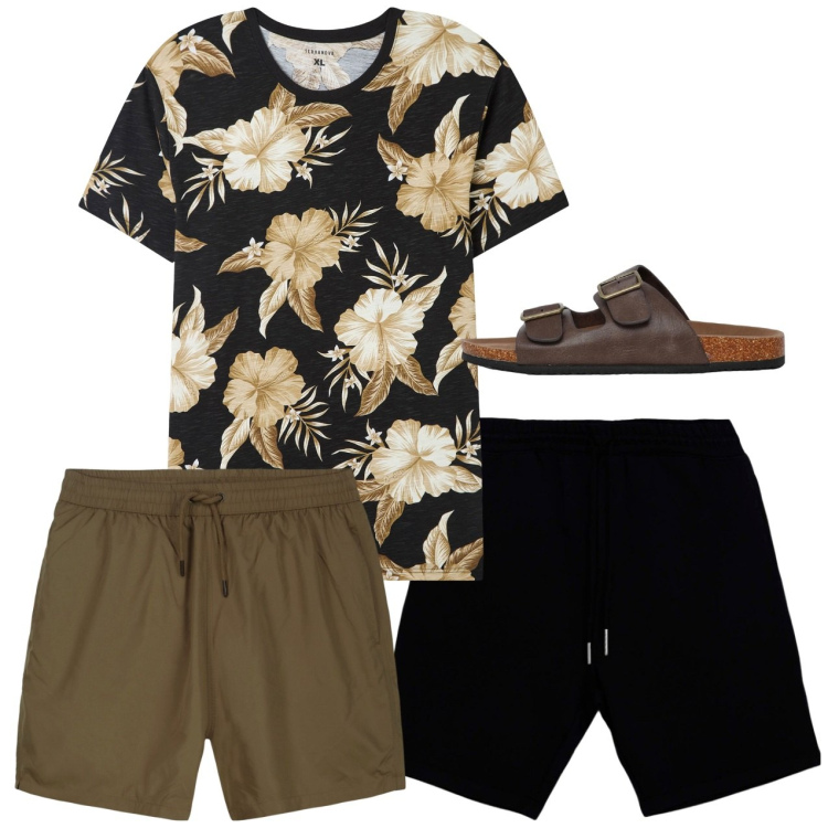 Outfit uomo - Fiori in spiaggia. Stile Casual per Mare. Abbinamento con t-shirt, sandali, pantaloni corti, costumi.