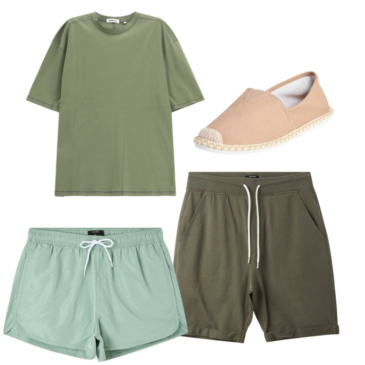 Outfit uomo - Total green. Stile Casual per Mare. Abbinamento con espadrillas, costumi, pantaloni corti, t-shirt.