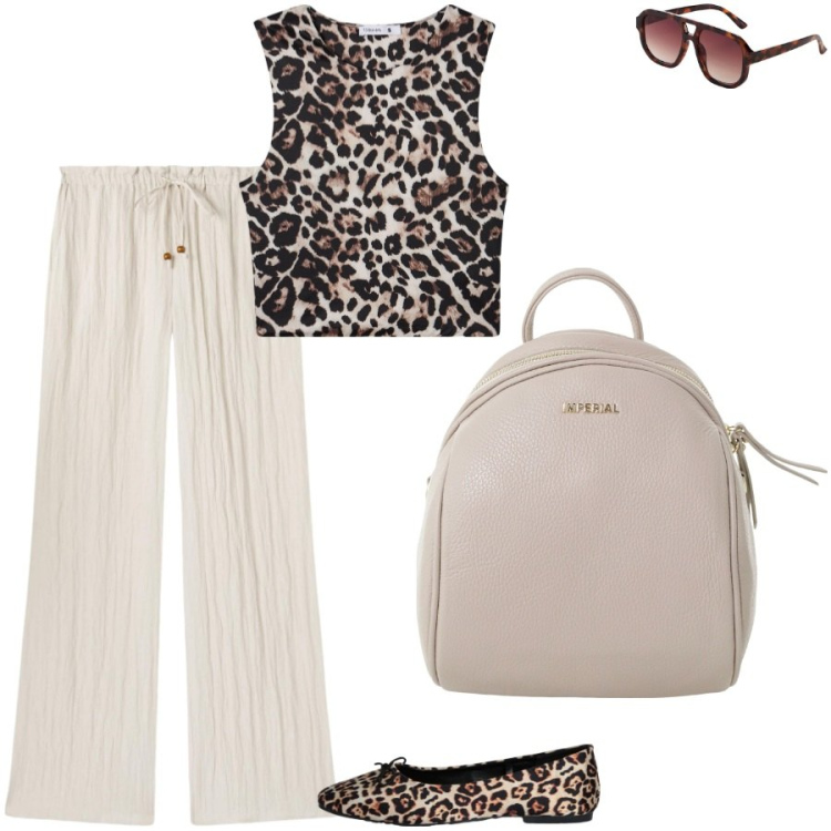 Outfit donna - In partenza. Stile Trendy per Tutti i giorni. Abbinamento con occhiali da sole, top, pantaloni, ballerine, zaini.