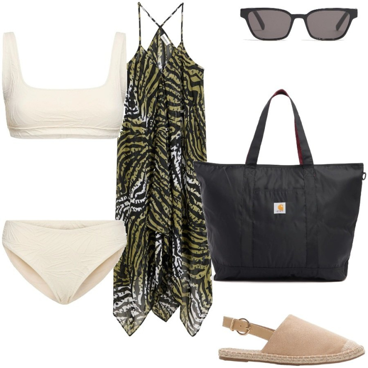 Outfit donna - Copricostume animalier. Stile Chic per Mare. Abbinamento con vestiti da spiaggia, espadrillas, bikini, bikini, occhiali da sole, shopping bag.