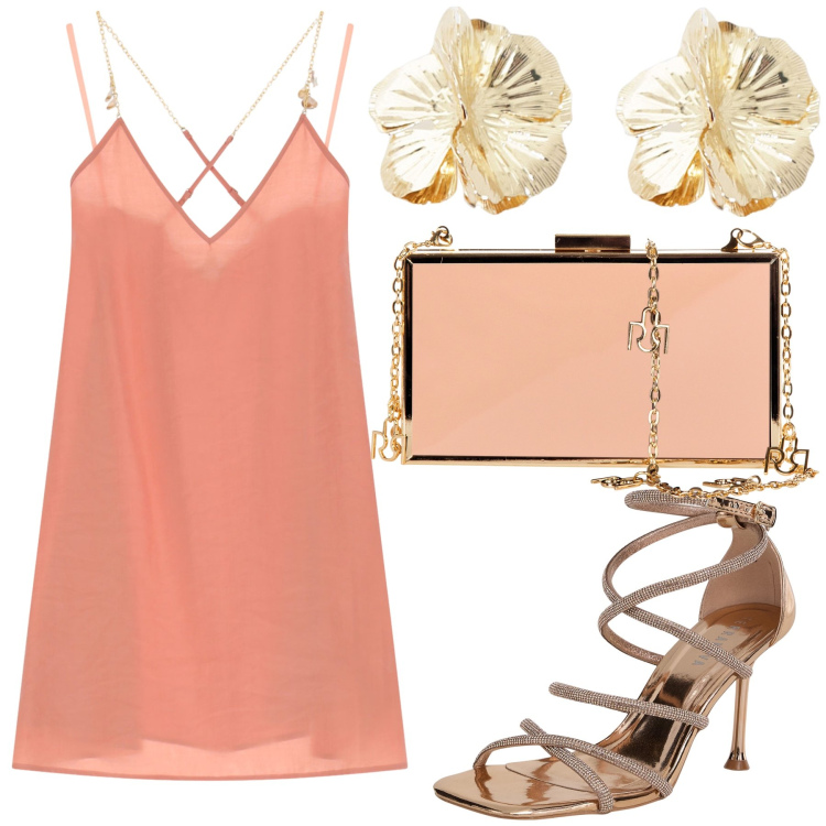 Outfit donna - Slip dress color salmone. Stile Glamour per Serata fuori. Abbinamento con sandali col tacco, pochette, vestiti corti, orecchini.