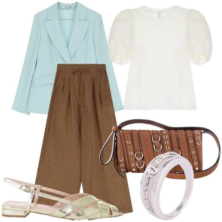 Outfit donna - Città dí estate al declino. Stile Urban per Ufficio. Abbinamento con anelli, borse a spalla, blazer, bluse, sandali, pantaloni.