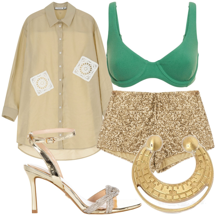 Outfit donna - Disco on the beach. Stile Sexy per Serata fuori. Abbinamento con sandali col tacco, vestiti corti, shorts, bikini, orecchini.