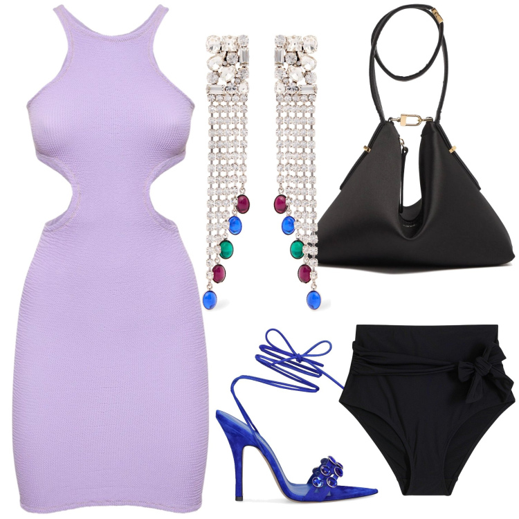Outfit donna - Sexy a Ferragosto. Stile Sexy per Serata fuori. Abbinamento con culotte, orecchini, vestiti, sandali in pelle, pochette.