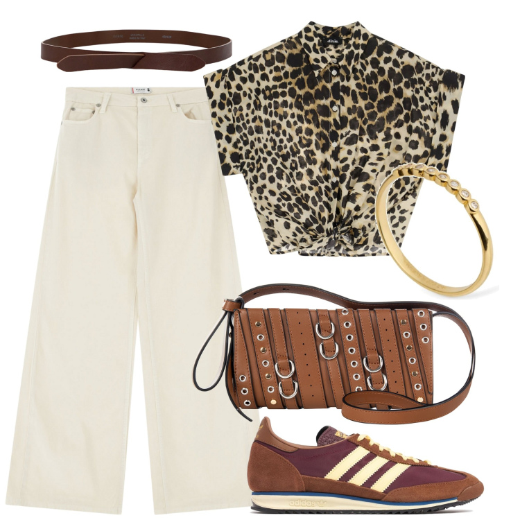 Outfit donna - Il pantalone largo. Stile Casual per Tutti i giorni. Abbinamento con borse a spalla, pantaloni, camicie a manica corta, cinture, sneakers, anelli.