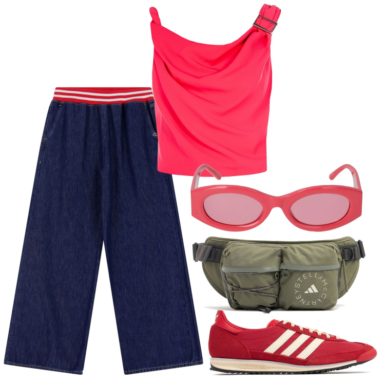 Outfit donna - Camminando. Stile Sporty chic per Tutti i giorni. Abbinamento con top, jeans, sneakers, occhiali da sole, marsupi.