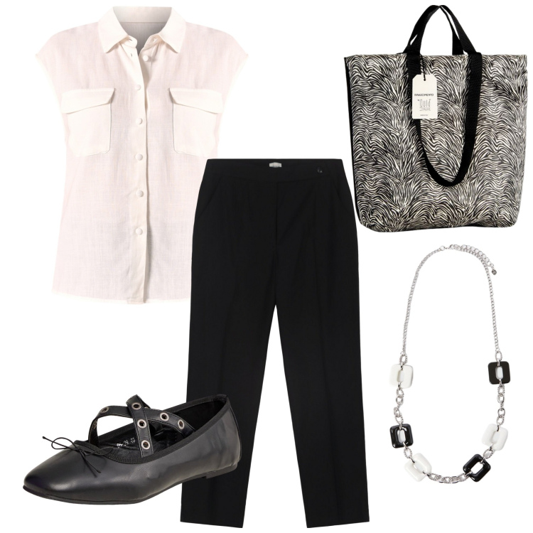 Outfit donna - In ufficio venerdì. Stile Casual per Ufficio. Abbinamento con ballerine, borse tote, camicie, pantaloni, collane.