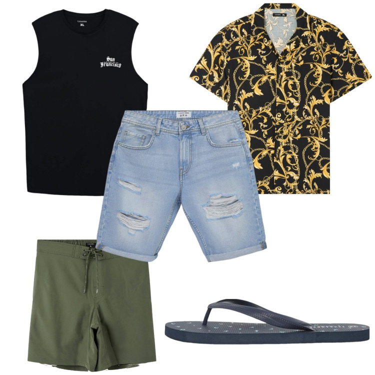 Outfit uomo - Total look #2209670. Stile Trendy per Mare. Abbinamento con camicie a manica corta, costumi, bermuda, sandali, canottiere.