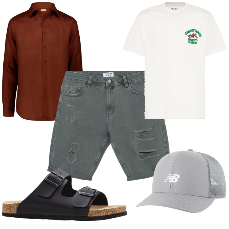 Outfit uomo - Total look #2209671. Stile Trendy per Tutti i giorni. Abbinamento con sandali, bermuda, cappelli con visiera, camicie, t-shirt.