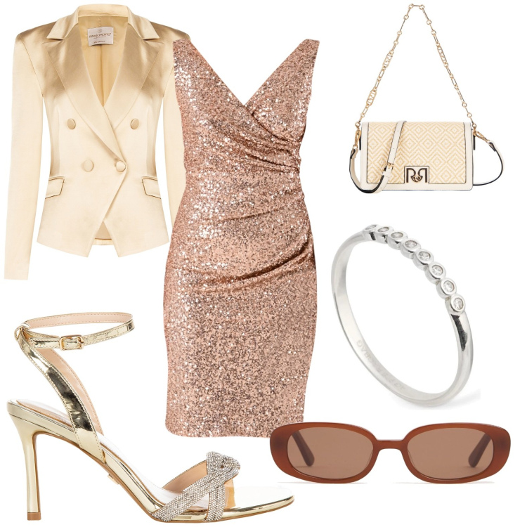 Outfit donna - Brillante. per Cerimonia. Abbinamento con borse a tracolla, vestiti a tubino, blazer, sandali col tacco, occhiali da sole, anelli.