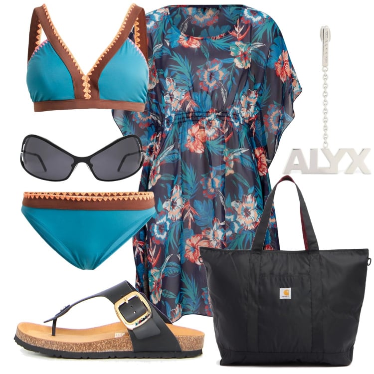 Outfit donna - Oggi in piscina. per Mare. Abbinamento con bikini, vestiti da spiaggia, orecchini, occhiali da sole, infradito, shopping bag.