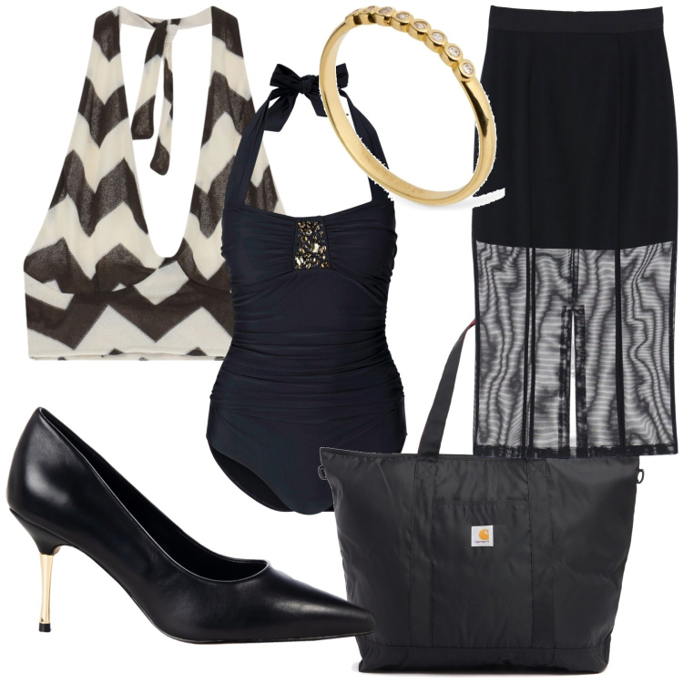 Outfit donna - Spiaggia coi tacchi. Stile Glamour per Mare. Abbinamento con costumi interi, décolleté, gonne, top, anelli, shopping bag.