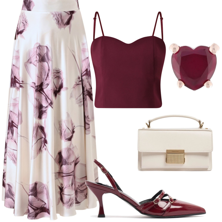 Outfit donna - Elegante. Stile Glamour per Cerimonia. Abbinamento con gonne lunghe, top, orecchini, décolleté, borse a mano.