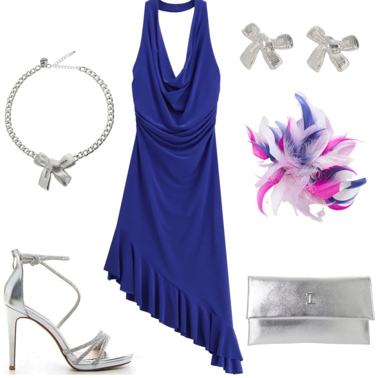 Outfit donna - Abito blu scollo all\'americana. Stile Glamour per Serata fuori. Abbinamento con vestiti asimmetrici, pochette, collane, orecchini, sandali col tacco, accessori per capelli.