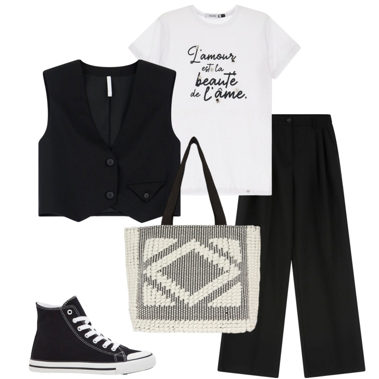 Outfit donna - Serata black and White. Stile Casual chic per Serata fuori. Abbinamento con sneakers alte, t-shirt, pantaloni, gilet, shopping bag.