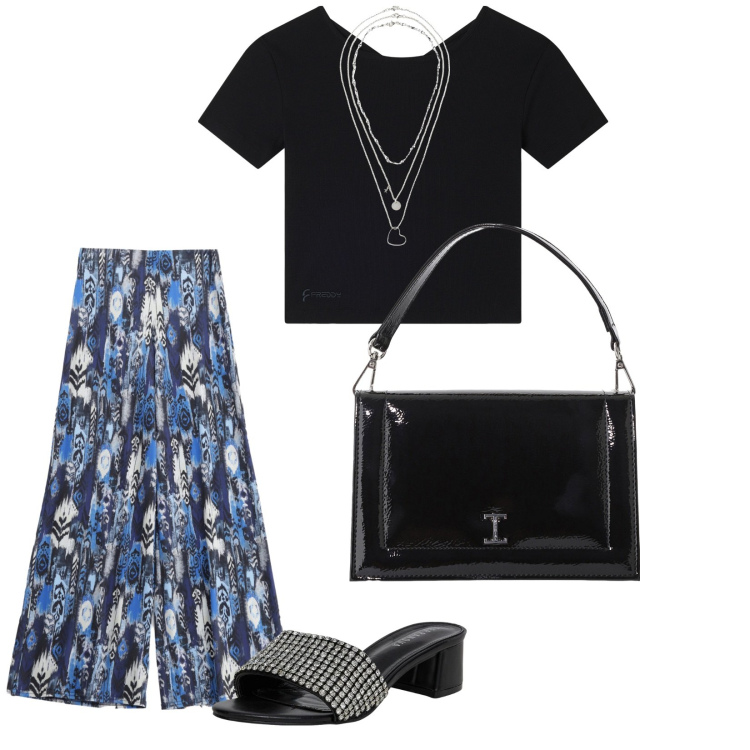 Outfit donna - È tempo di saldi. per Tutti i giorni. Abbinamento con collane, ciabatte, pantaloni, borse a tracolla, t-shirt.