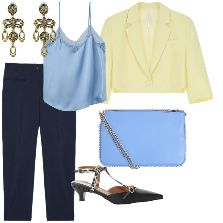 Outfit donna - Cerimonia inaspettata. per Cerimonia. Abbinamento con borse a tracolla, top, blazer, décolleté, orecchini, pantaloni.