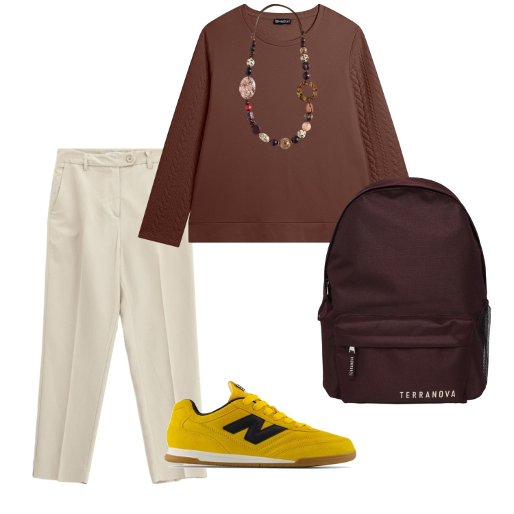 Outfit donna - In collina. per Tutti i giorni. Abbinamento con zaini, sneakers, pantaloni chino, felpe, collane.