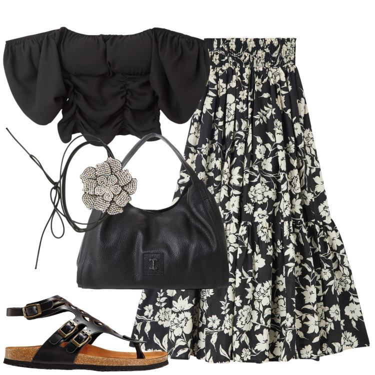 Outfit donna - Luglio. Stile Casual chic per Tutti i giorni. Abbinamento con sandali in pelle, gonne lunghe, bluse, collane, pochette.