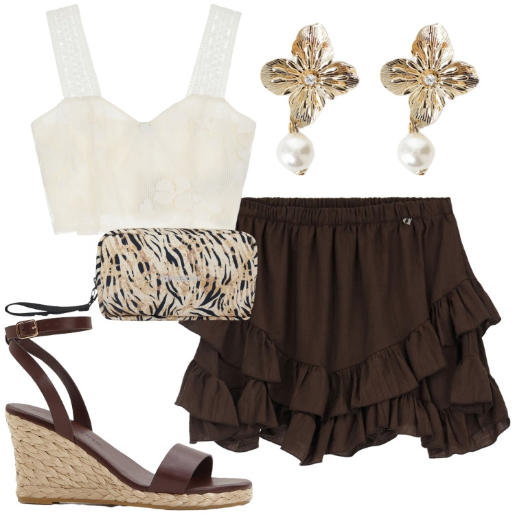 Outfit donna - Luglio. Stile Sexy per Tutti i giorni. Abbinamento con sandali, orecchini, top, minigonne, valigie.