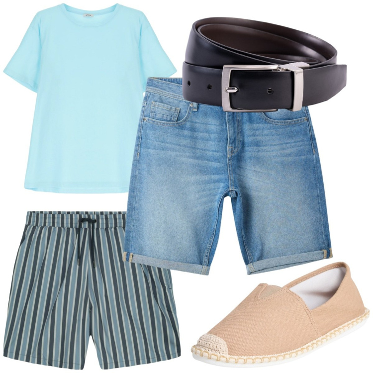 Outfit uomo - Total look #2209707. Stile Trendy per Mare. Abbinamento con espadrillas, bermuda, t-shirt, cinture, costumi.