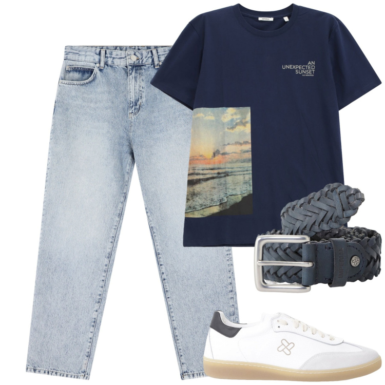 Outfit uomo - Luglio. Stile Casual per Tutti i giorni. Abbinamento con t-shirt, jeans dritti, cinture, sneakers.