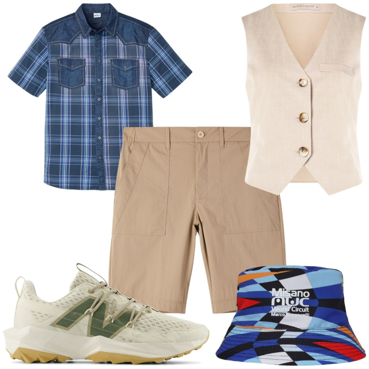 Outfit uomo - Total look #2209709. Stile Trendy per Tutti i giorni. Abbinamento con camicie a manica corta, cappelli, pantaloni corti, sneakers, gilet.