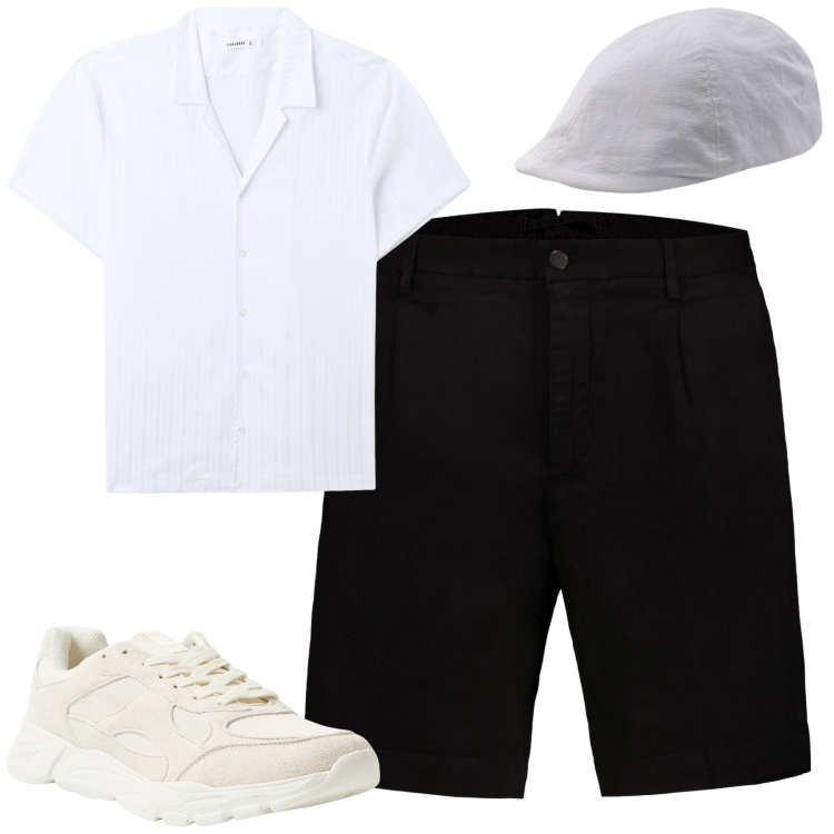 Outfit uomo - Luglio. Stile Urban per Tutti i giorni. Abbinamento con camicie a manica corta, sneakers, cappelli con visiera, bermuda.