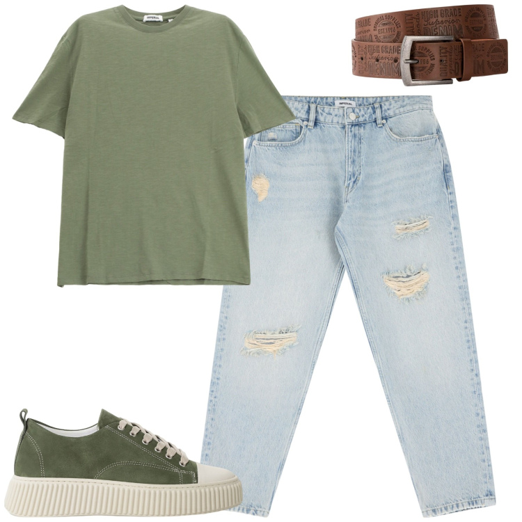 Outfit uomo - Luglio. Stile Casual per Tutti i giorni. Abbinamento con cinture, sneakers, t-shirt, jeans strappati.