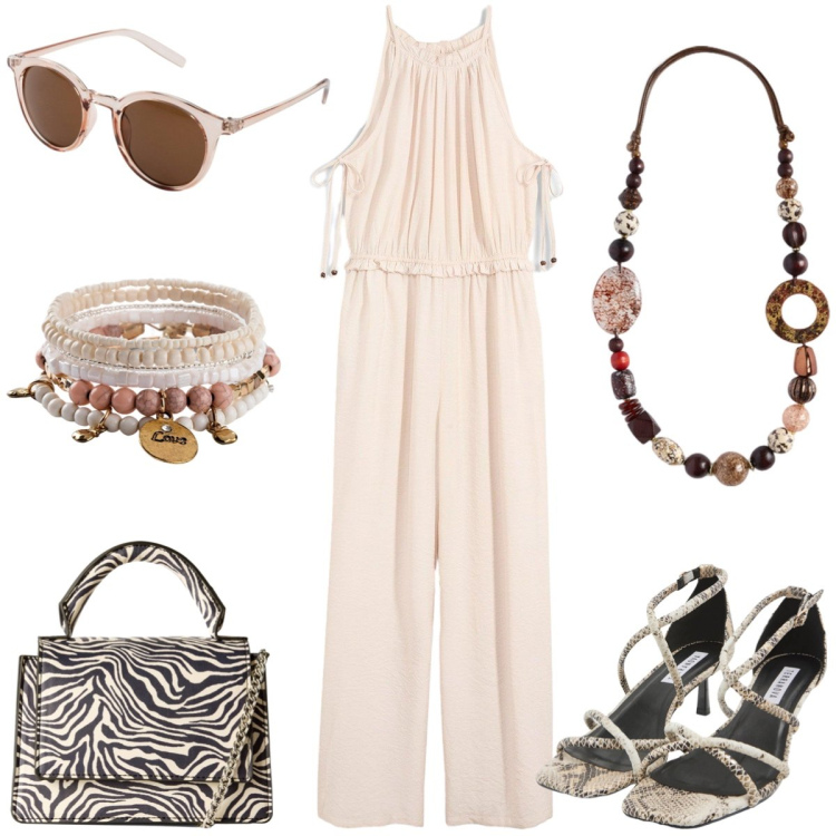 Outfit donna - Animalier. Stile Casual chic per Tutti i giorni. Abbinamento con tute, occhiali da sole, braccialetti, borse a tracolla, sandali col tacco, collane.