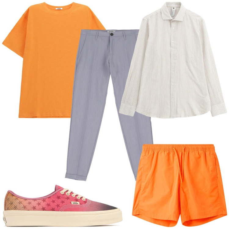 Outfit uomo - Total look #2209722. Stile Trendy per Mare. Abbinamento con costumi, pantaloni, camicie, t-shirt, sneakers.