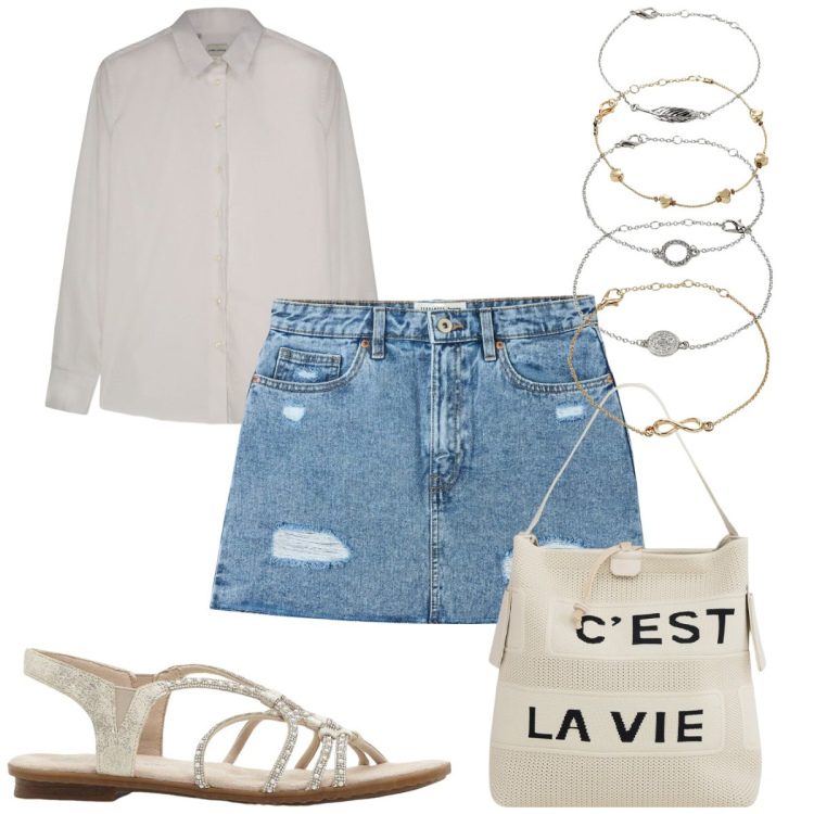 Outfit donna - Total look #2209725. Stile Trendy per Tutti i giorni. Abbinamento con braccialetti con ciondoli, sandali, minigonne, borse a mano, camicie.